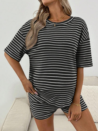 Maternity Striped 2-Piece Set - Drop Shoulder Tee & Track Shorts, Pocket, Loose Fit, Khaki