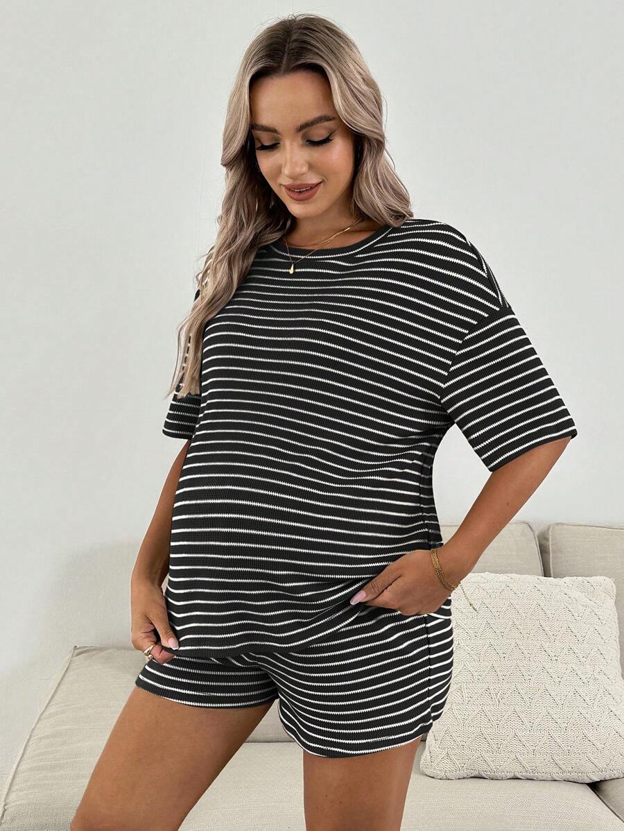 Maternity Striped 2-Piece Set - Drop Shoulder Tee & Track Shorts, Pocket, Loose Fit, Khaki