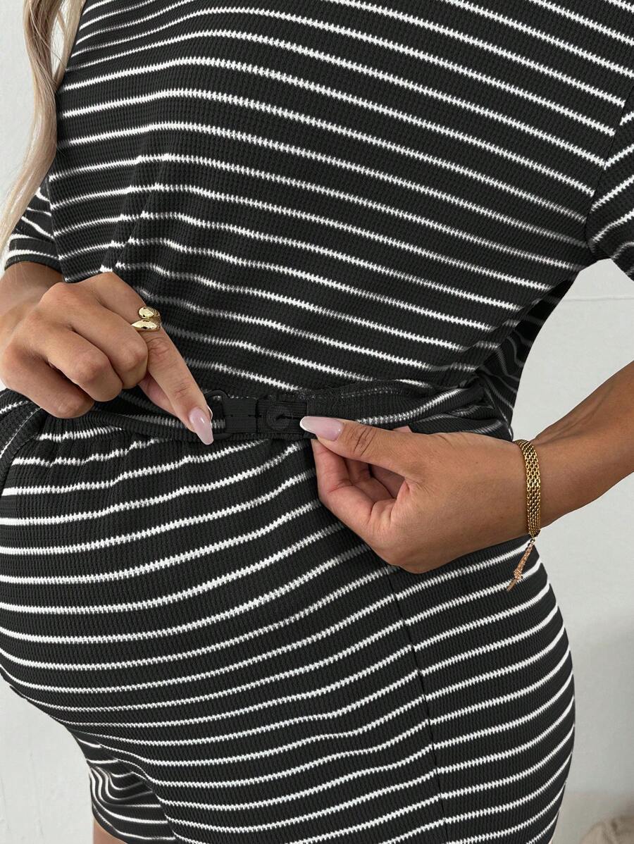 Maternity Striped 2-Piece Set - Drop Shoulder Tee & Track Shorts, Pocket, Loose Fit, Khaki