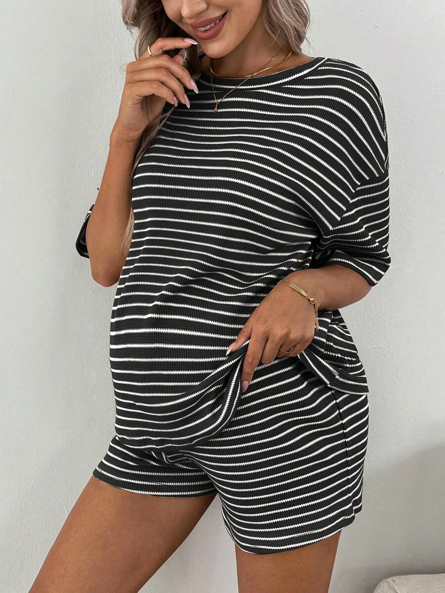 Maternity Striped 2-Piece Set - Drop Shoulder Tee & Track Shorts, Pocket, Loose Fit, Khaki