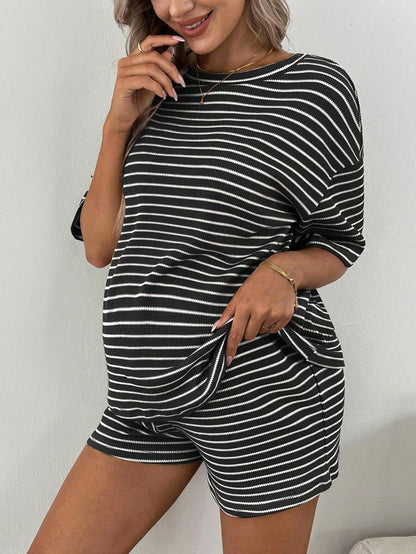 Maternity Striped 2-Piece Set - Drop Shoulder Tee & Track Shorts, Pocket, Loose Fit, Khaki