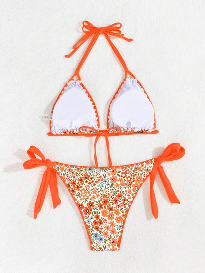 Swim Vcay Women's Tropical Plant Print Halter Neck Tie Sexy Bikini Set For Summer Beach, Random Print