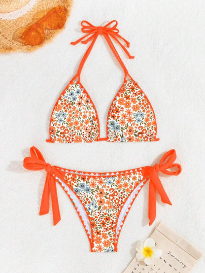 Swim Vcay Women's Tropical Plant Print Halter Neck Tie Sexy Bikini Set For Summer Beach, Random Print