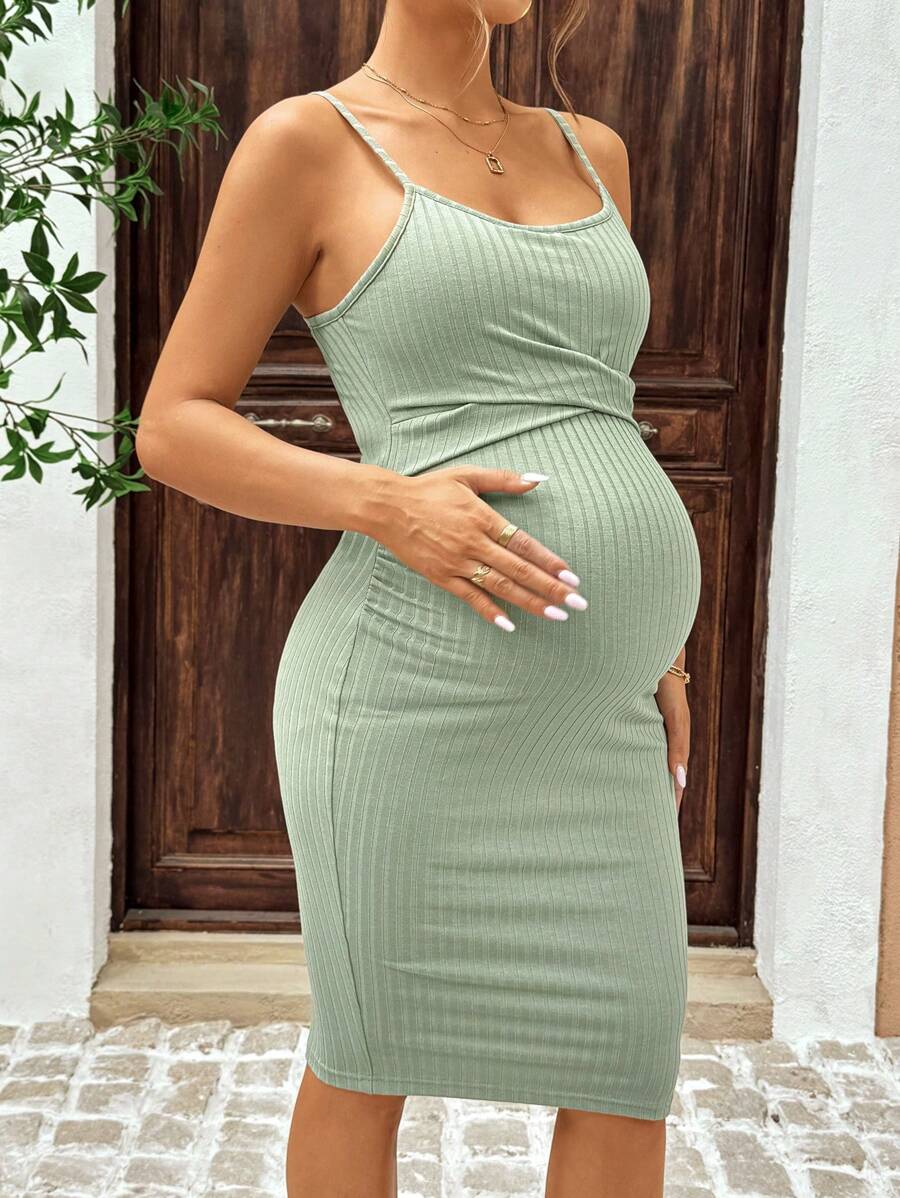 Maternity Summer Casual Coffee Brown Ribbed Bodycon Cami Dress Spaghetti Strap Slim Fit Short Pencil Pregnancy Dress for Beach