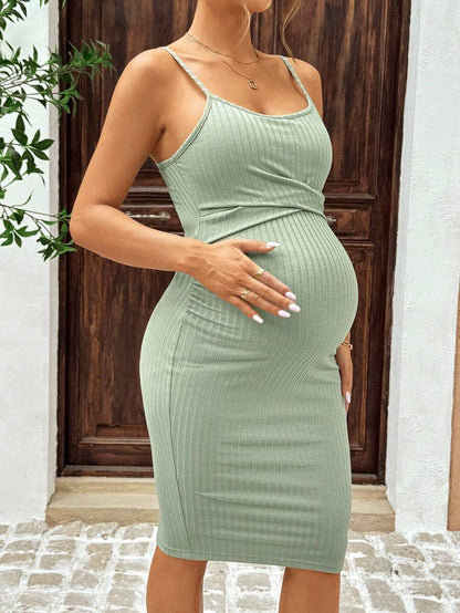 Maternity Summer Casual Coffee Brown Ribbed Bodycon Cami Dress Spaghetti Strap Slim Fit Short Pencil Pregnancy Dress for Beach