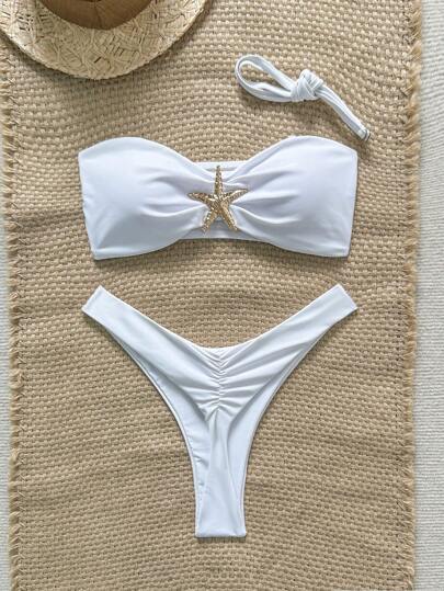 Swim Vcay Women's Solid Color Spaghetti Strap Starfish Metal Decor Sexy Bikini Set, Summer