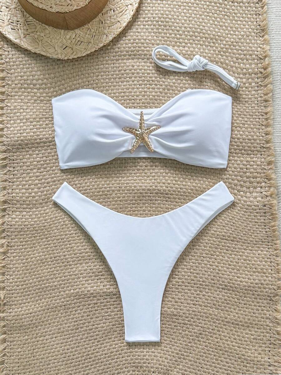 Swim Vcay Women's Solid Color Spaghetti Strap Starfish Metal Decor Sexy Bikini Set, Summer