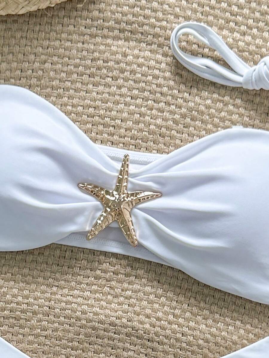 Swim Vcay Women's Solid Color Spaghetti Strap Starfish Metal Decor Sexy Bikini Set, Summer