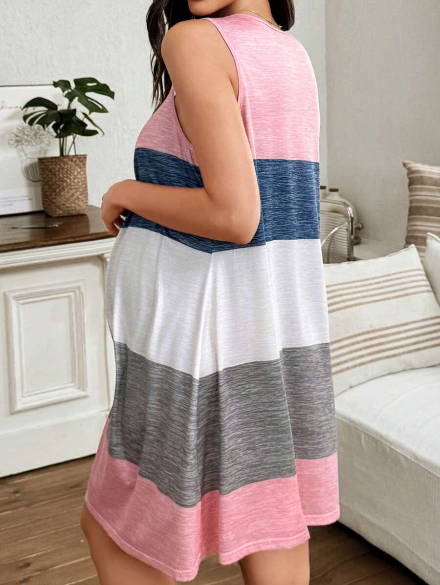 Maternity Lounge Dress - Multicolor Striped Loose Fit Soft Stretch Casual Nursing-Friendly, Midi
