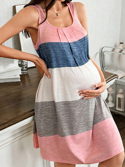 Maternity Lounge Dress - Multicolor Striped Loose Fit Soft Stretch Casual Nursing-Friendly, Midi