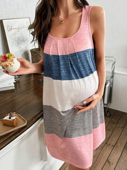 Maternity Lounge Dress - Multicolor Striped Loose Fit Soft Stretch Casual Nursing-Friendly, Midi