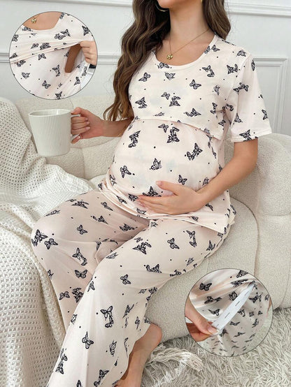 Butterfly Print Maternity Pajama Set Women Nursing Short Sleeve Top and Pants Sleepwear