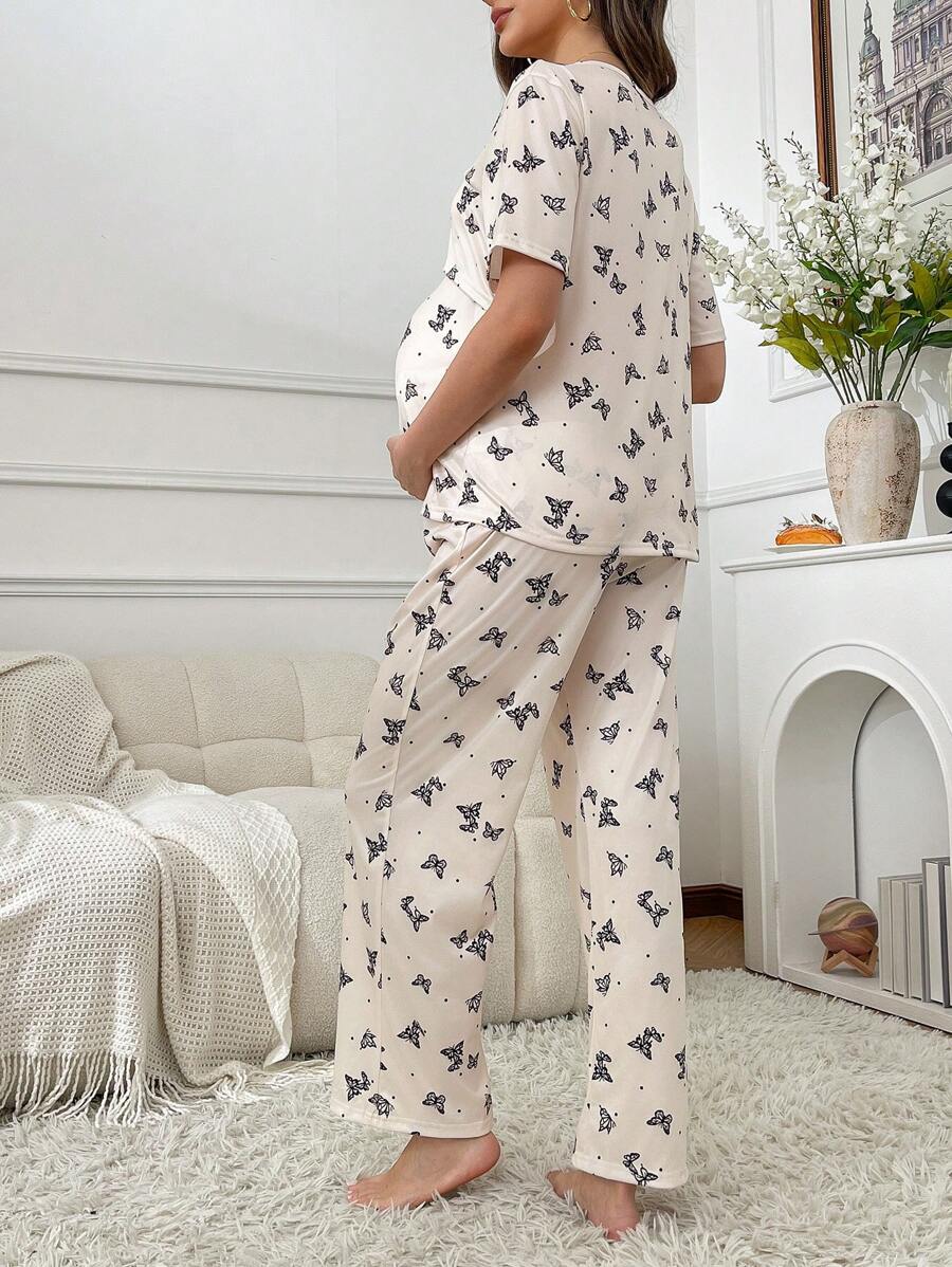 Butterfly Print Maternity Pajama Set Women Nursing Short Sleeve Top and Pants Sleepwear