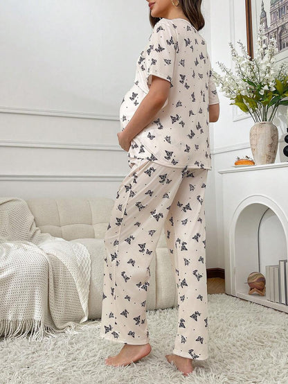 Butterfly Print Maternity Pajama Set Women Nursing Short Sleeve Top and Pants Sleepwear