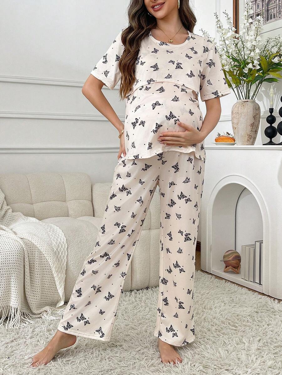 Butterfly Print Maternity Pajama Set Women Nursing Short Sleeve Top and Pants Sleepwear