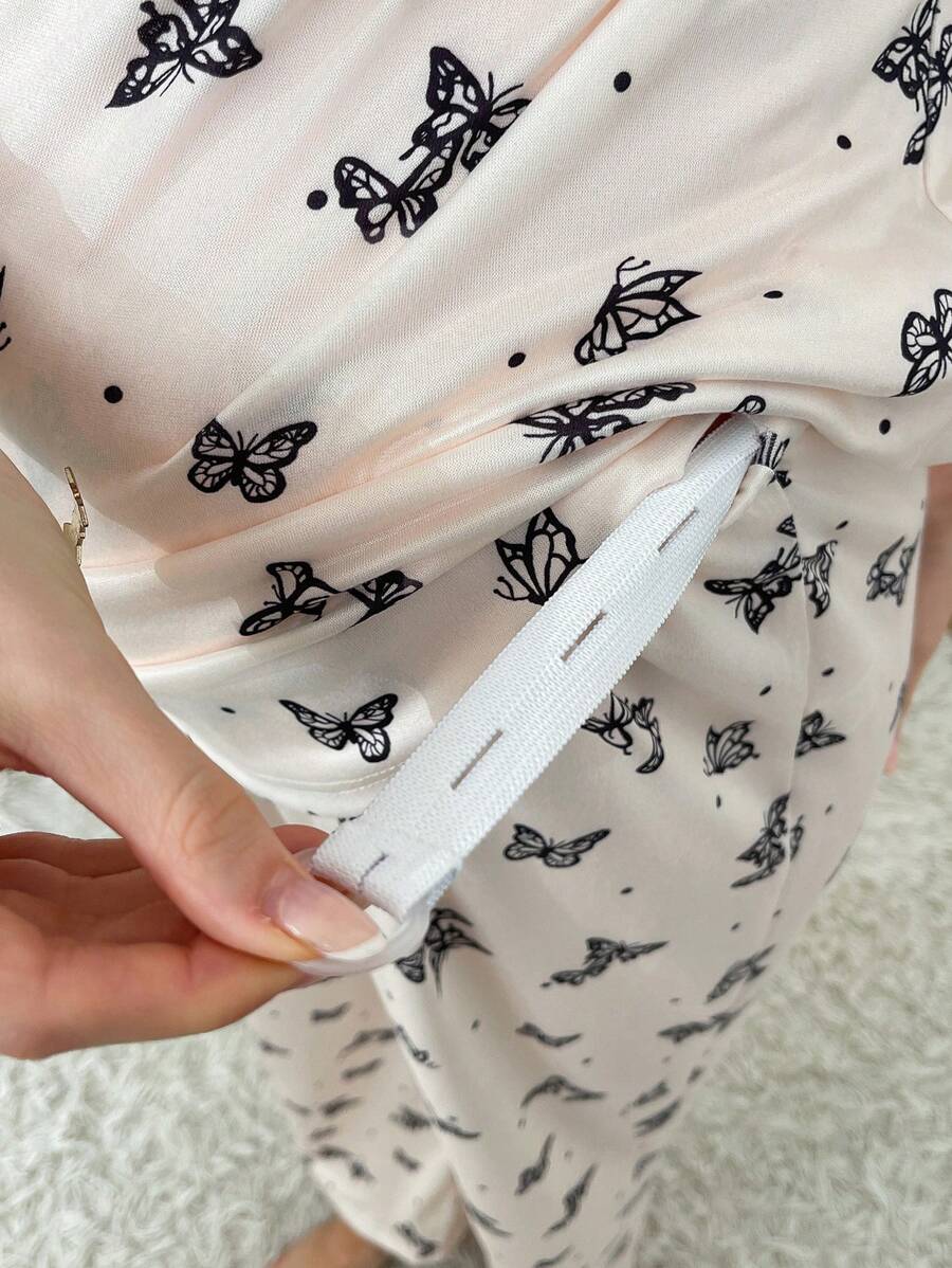 Butterfly Print Maternity Pajama Set Women Nursing Short Sleeve Top and Pants Sleepwear