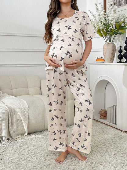 Butterfly Print Maternity Pajama Set Women Nursing Short Sleeve Top and Pants Sleepwear