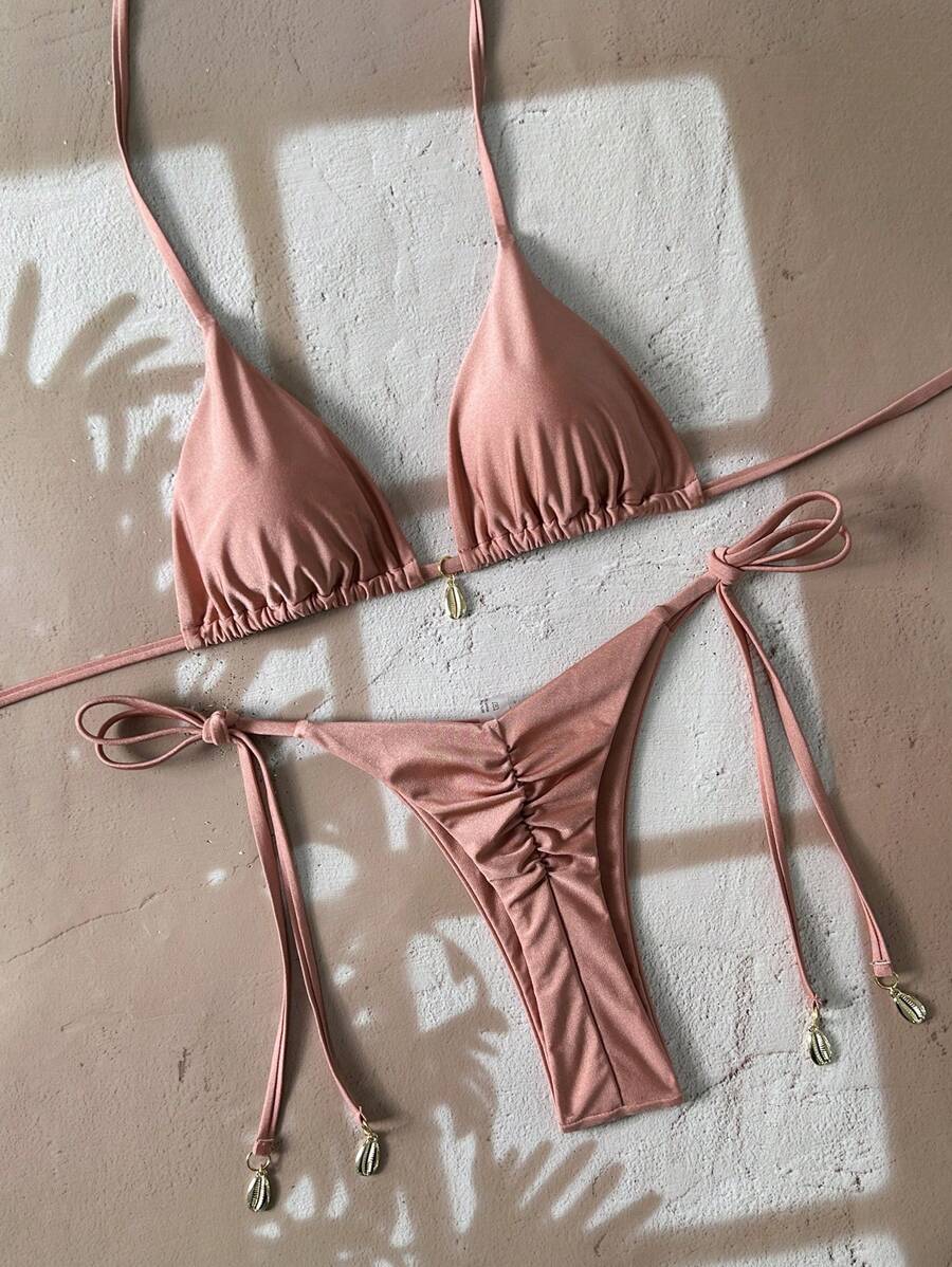 Swim Chiccia Women Spring Break Summer Beach Solid Color Halter Tie Sexy Bikini Swimsuit Set