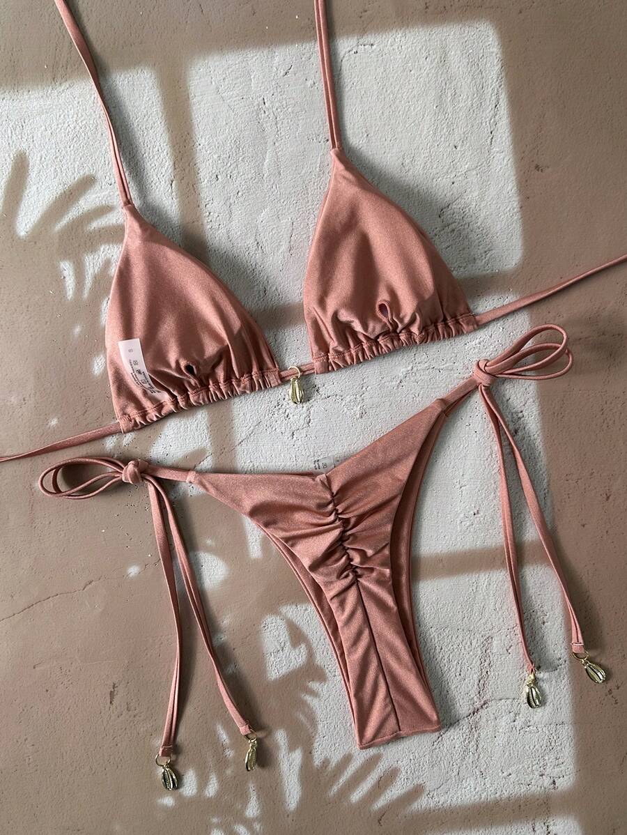 Swim Chiccia Women Spring Break Summer Beach Solid Color Halter Tie Sexy Bikini Swimsuit Set