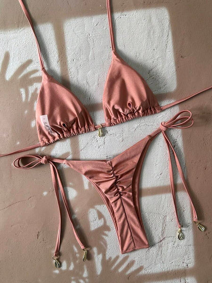 Swim Chiccia Women Spring Break Summer Beach Solid Color Halter Tie Sexy Bikini Swimsuit Set