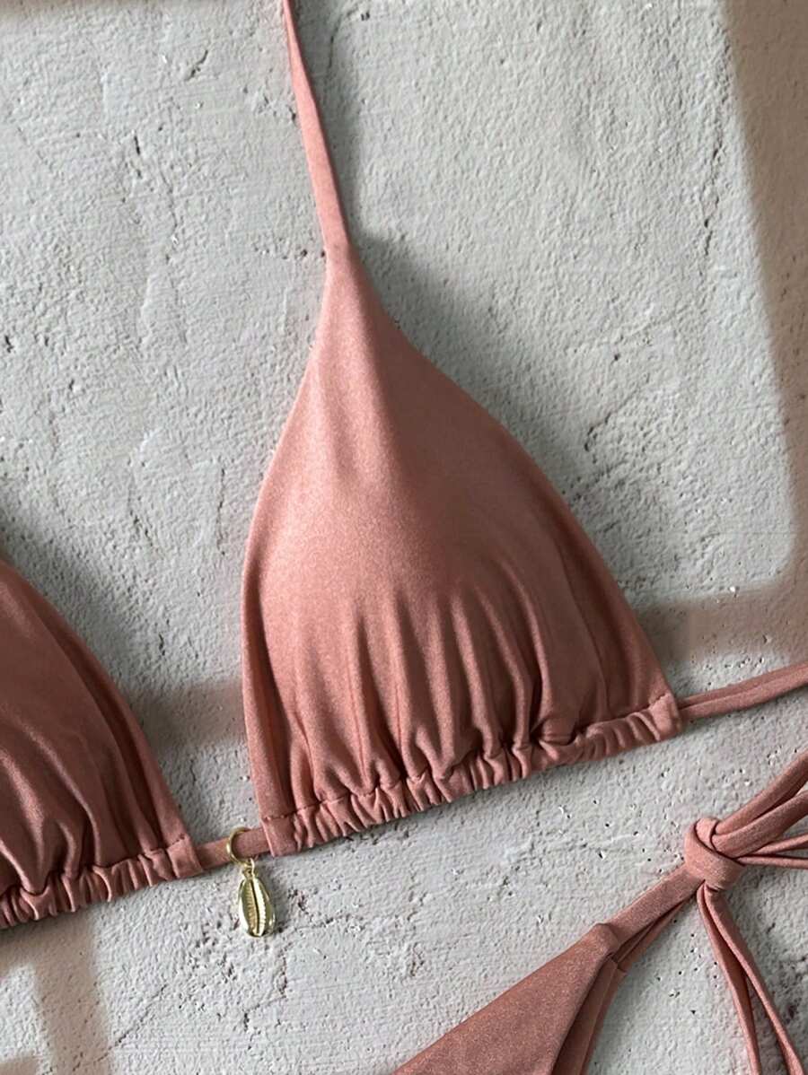 Swim Chiccia Women Spring Break Summer Beach Solid Color Halter Tie Sexy Bikini Swimsuit Set