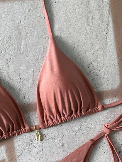 Swim Chiccia Women Spring Break Summer Beach Solid Color Halter Tie Sexy Bikini Swimsuit Set