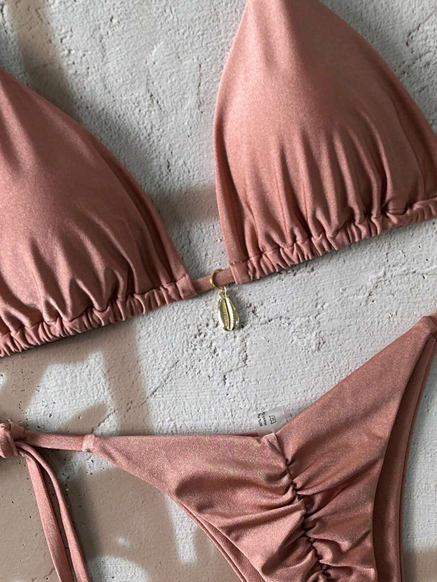 Swim Chiccia Women Spring Break Summer Beach Solid Color Halter Tie Sexy Bikini Swimsuit Set