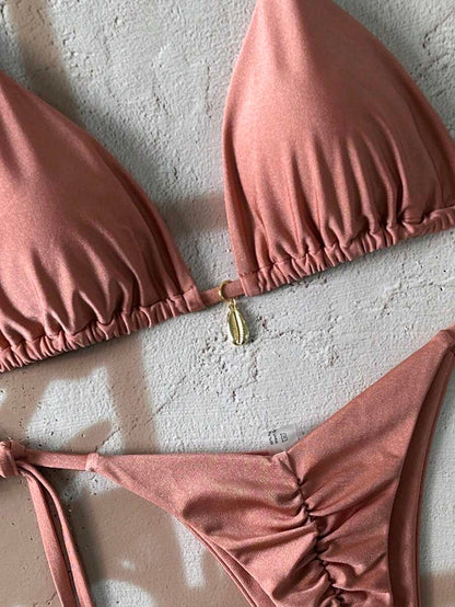 Swim Chiccia Women Spring Break Summer Beach Solid Color Halter Tie Sexy Bikini Swimsuit Set