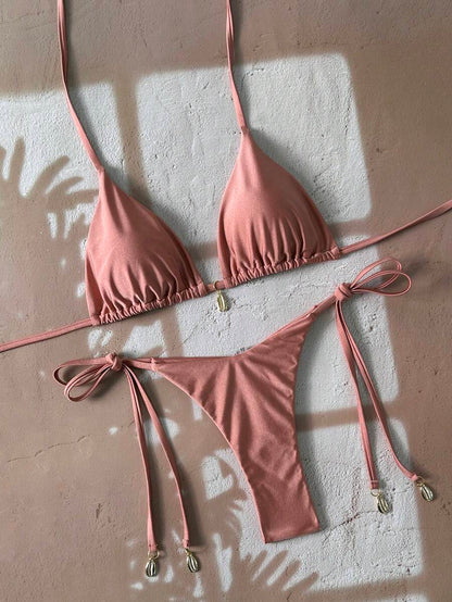 Swim Chiccia Women Spring Break Summer Beach Solid Color Halter Tie Sexy Bikini Swimsuit Set
