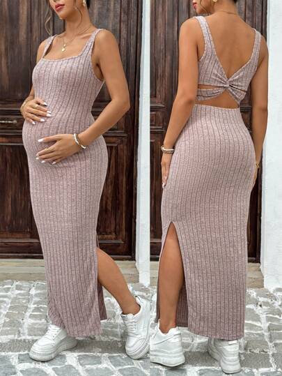 Dusty Pink Ribbed Maternity Bodycon Midi Dress with Twist Back and Side Slit Hem - Sleeveless Summer Knit Cami Dress