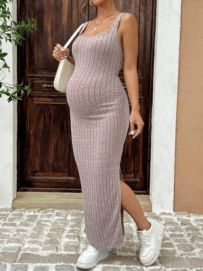 Maternity Solid Color Casual Ribbed Open Back Sleeveless Dress Two Piece Set Cut Out Maxi Skirt With