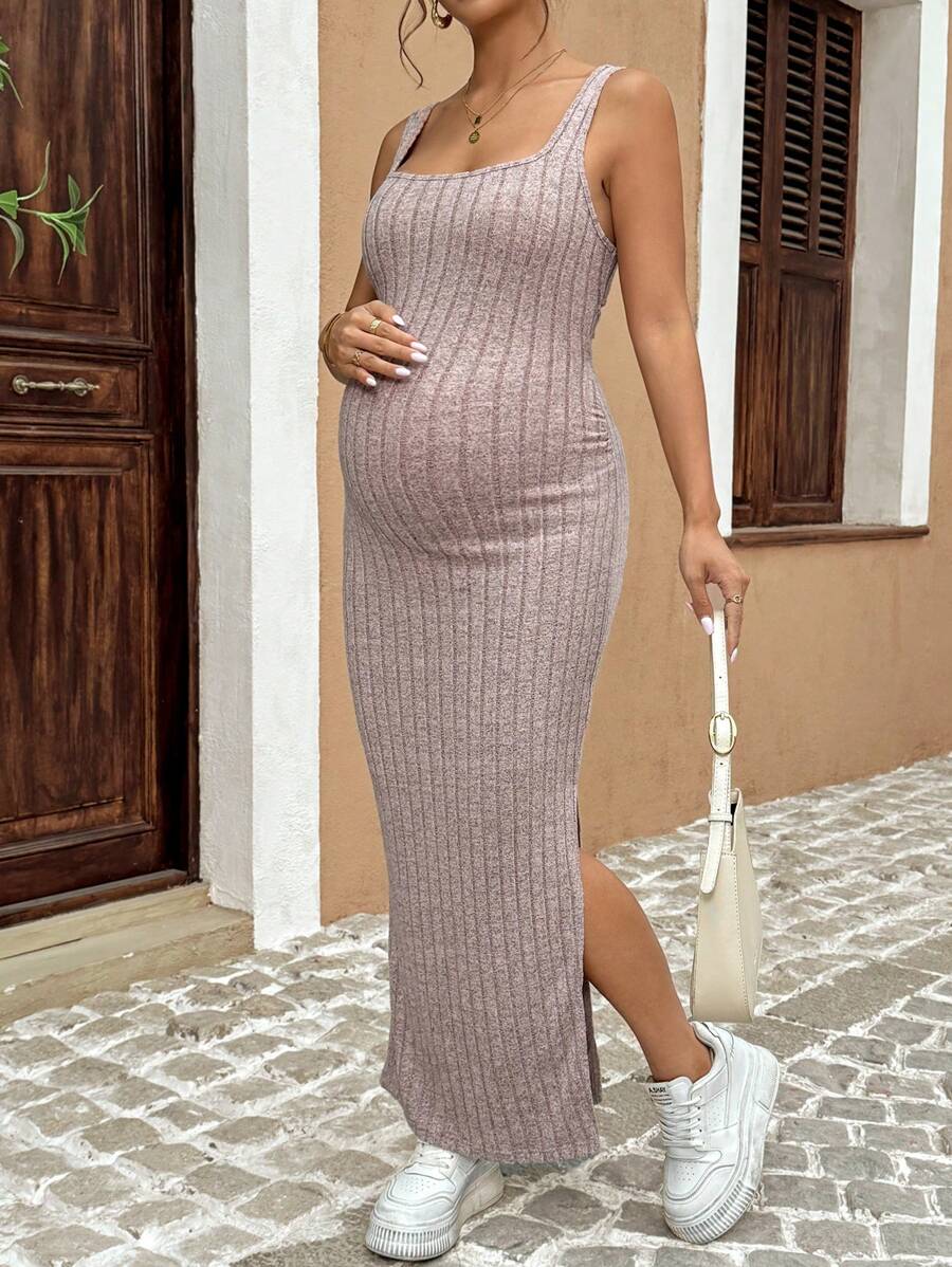 Maternity Solid Color Casual Ribbed Open Back Sleeveless Dress Two Piece Set Cut Out Maxi Skirt With