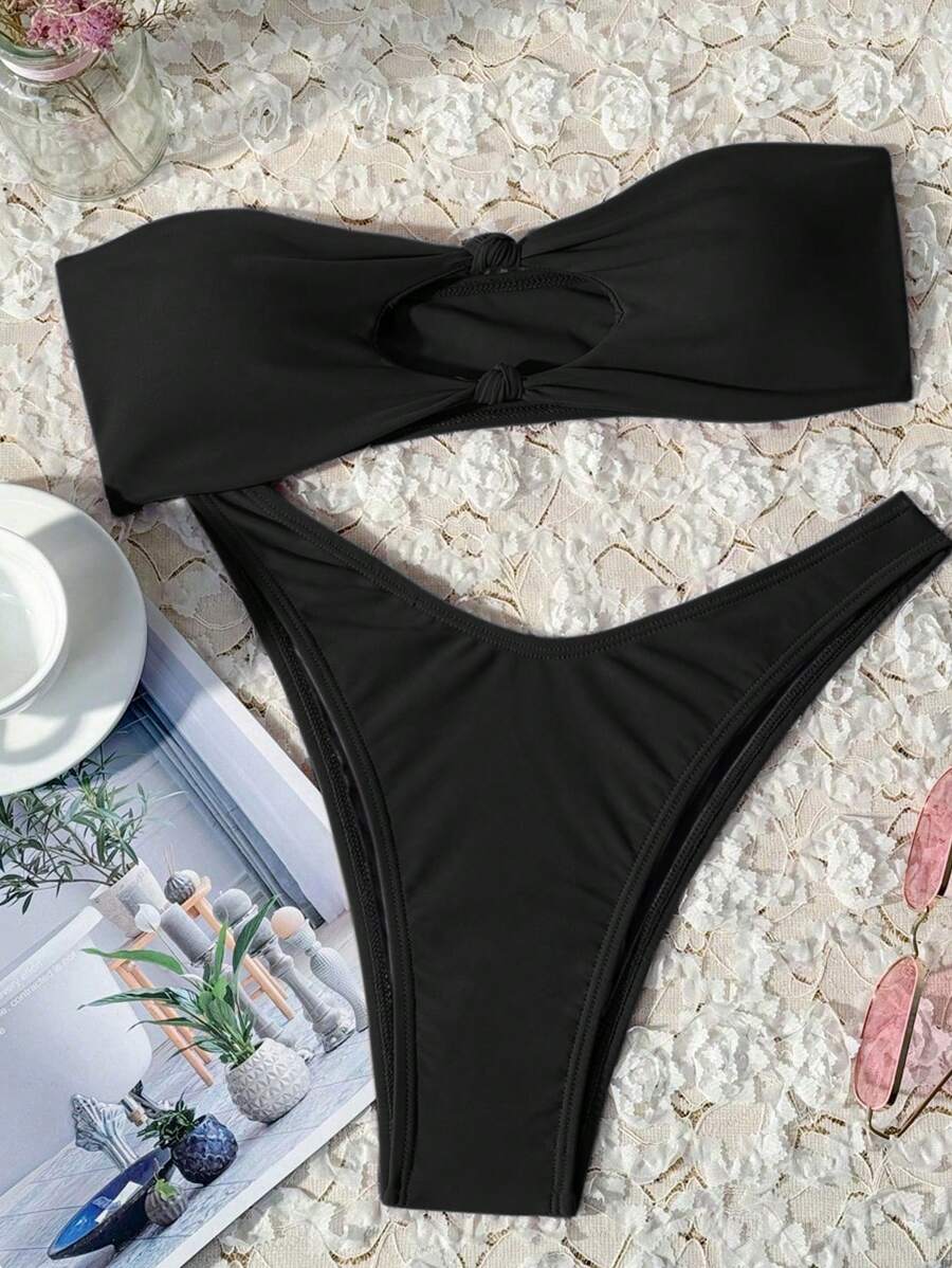 Swim Vcay Solid Color Bikini Swimming Suit For Beach Vacation, Strapless, Wireless For Summer