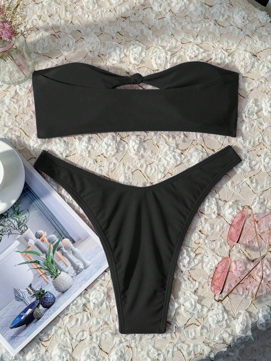 Swim Vcay Solid Color Bikini Swimming Suit For Beach Vacation, Strapless, Wireless For Summer