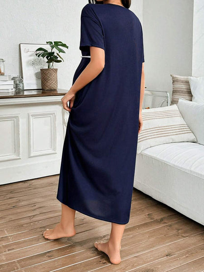 Maternity Solid Color Nightgown Women Round Neck Short Sleeve Nursing Sleepwear Breastfeeding Pajama Dress
