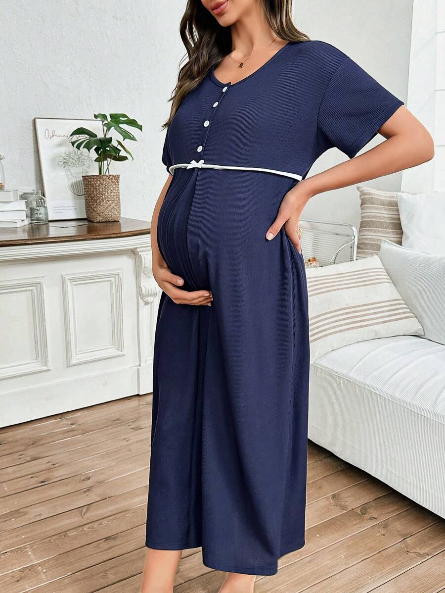 Maternity Solid Color Nightgown Women Round Neck Short Sleeve Nursing Sleepwear Breastfeeding Pajama Dress