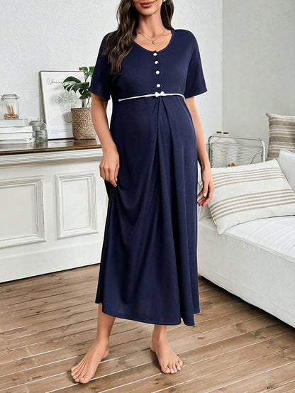 Maternity Solid Color Nightgown Women Round Neck Short Sleeve Nursing Sleepwear Breastfeeding Pajama Dress