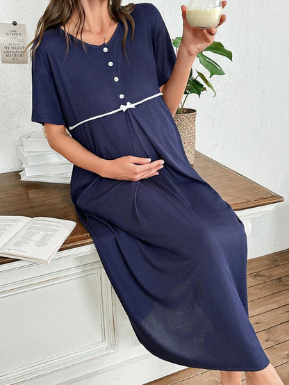 Maternity Solid Color Nightgown Women Round Neck Short Sleeve Nursing Sleepwear Breastfeeding Pajama Dress