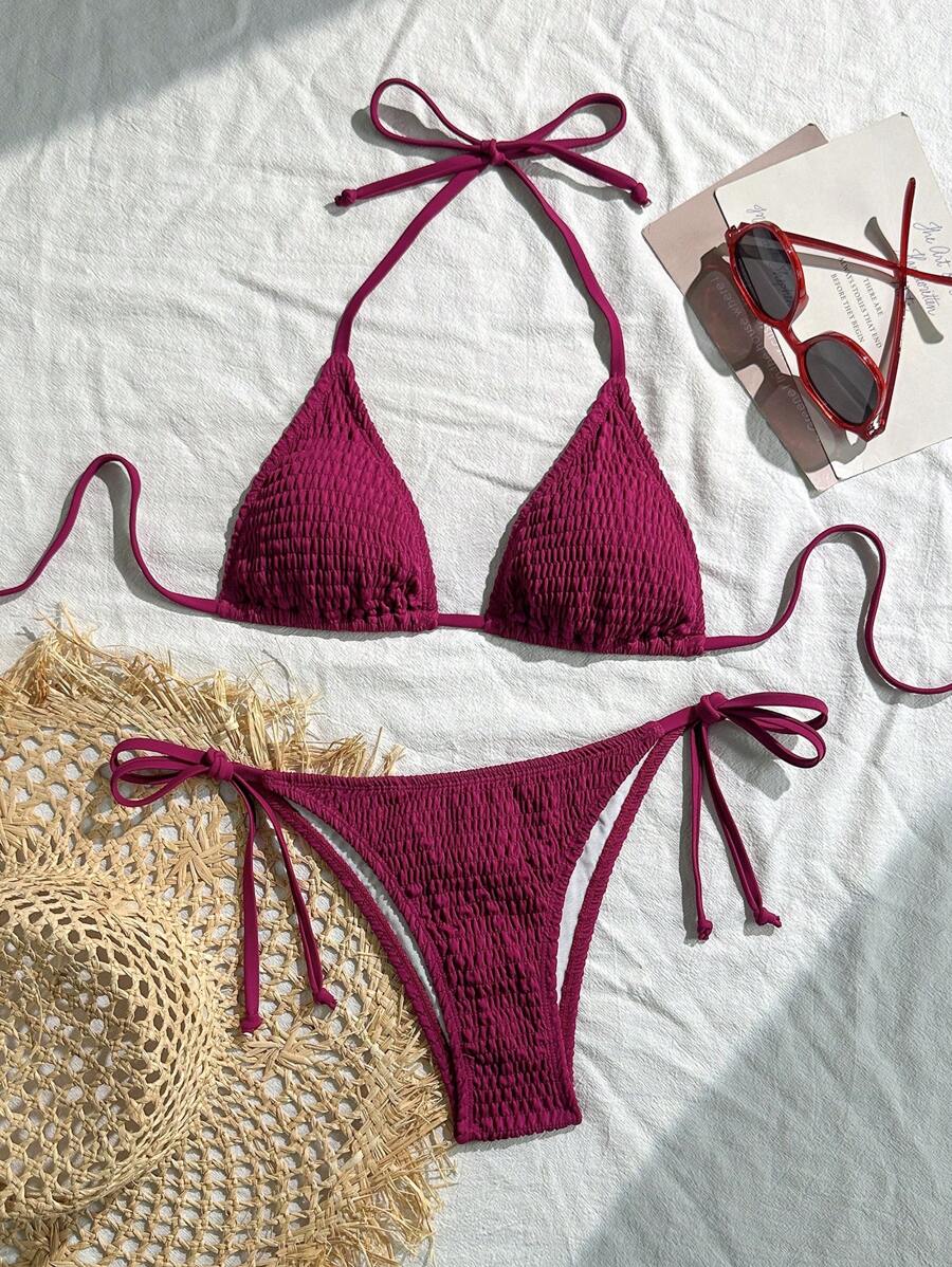 Swim Vcay Solid Color Halter Twist Bikini Two Pieces Swimwear, Suitable For Summer