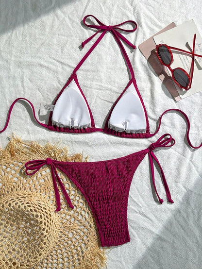 Swim Basics Women's Solid Color Halter Neck Sexy Bikini Set Bathing Suit For Summer Beach