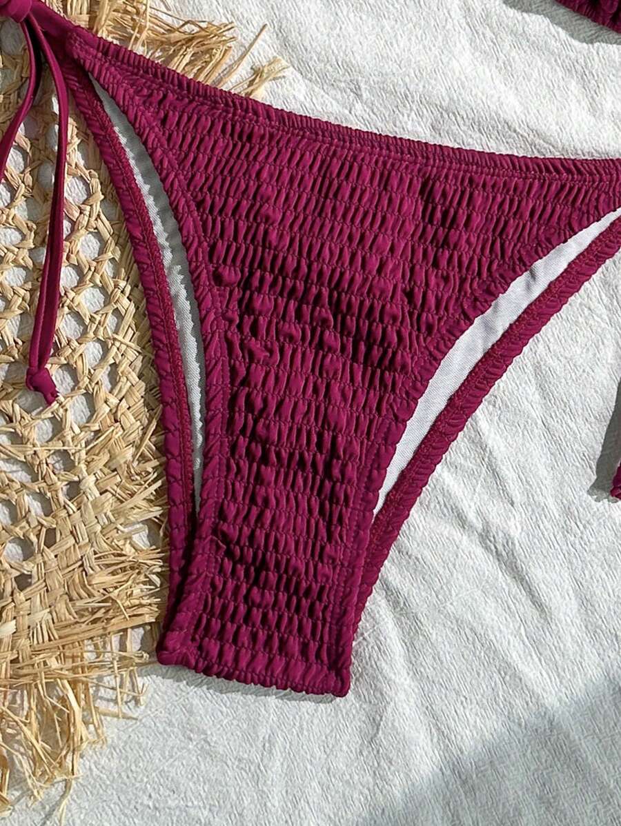 Swim Vcay Solid Color Texture Split Bikini Set, Vacation Beach For Summer