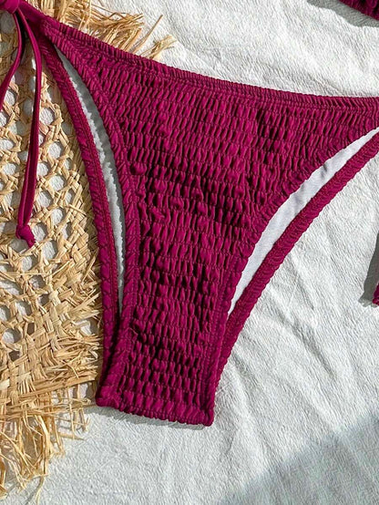 Swim Vcay Solid Color Texture Split Bikini Set, Vacation Beach For Summer