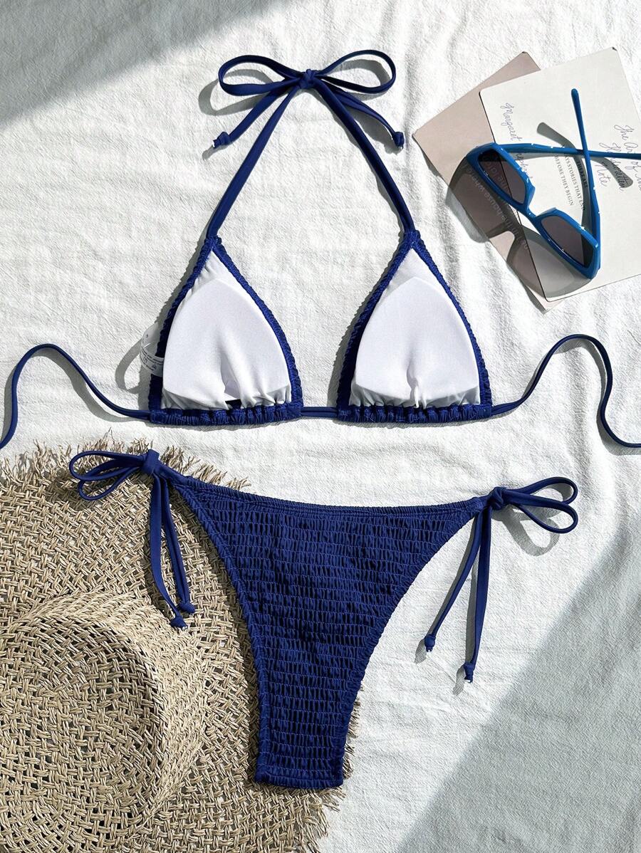 Swim Vcay Solid Color Texture Split Bikini Set, Vacation Beach For Summer