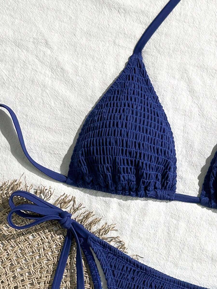 Swim Vcay Solid Color Texture Split Bikini Set, Vacation Beach For Summer