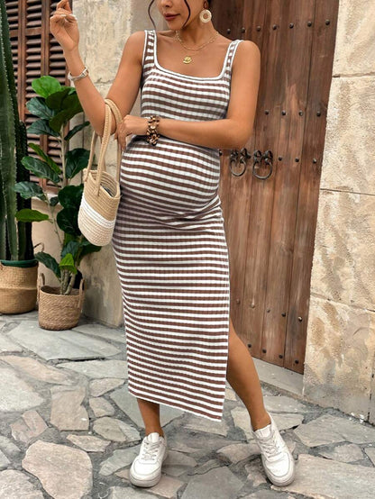 Lyckli Women's Casual Spaghetti Strap Maternity Midi Dress