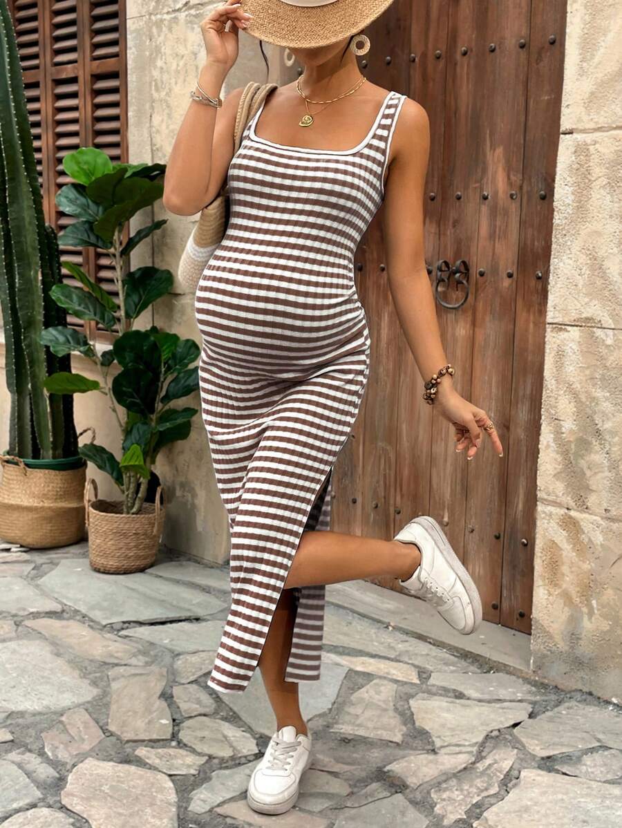 Lyckli Women's Casual Spaghetti Strap Maternity Midi Dress