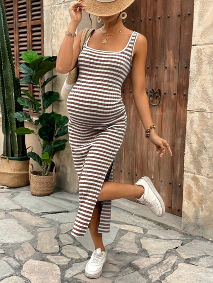 Lyckli Women's Casual Spaghetti Strap Maternity Midi Dress