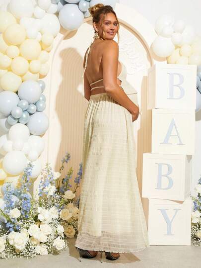 Maternity 2 Piece Set Sexy Halter Backless Crop Top and Maxi Skirt Apricot for Baby Shower and Gender Reveal