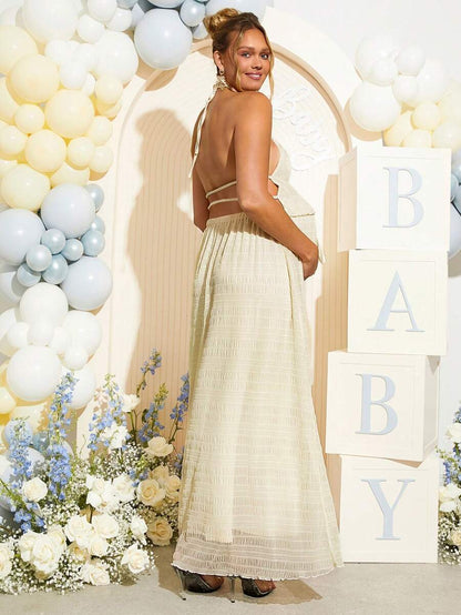 Maternity 2 Piece Set Sexy Halter Backless Crop Top and Maxi Skirt Apricot for Baby Shower and Gender Reveal