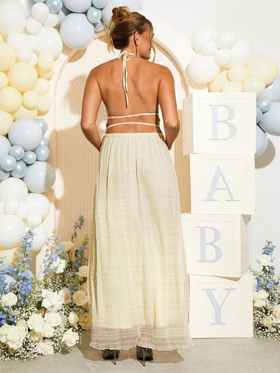 Maternity 2 Piece Set Sexy Halter Backless Crop Top and Maxi Skirt Apricot for Baby Shower and Gender Reveal